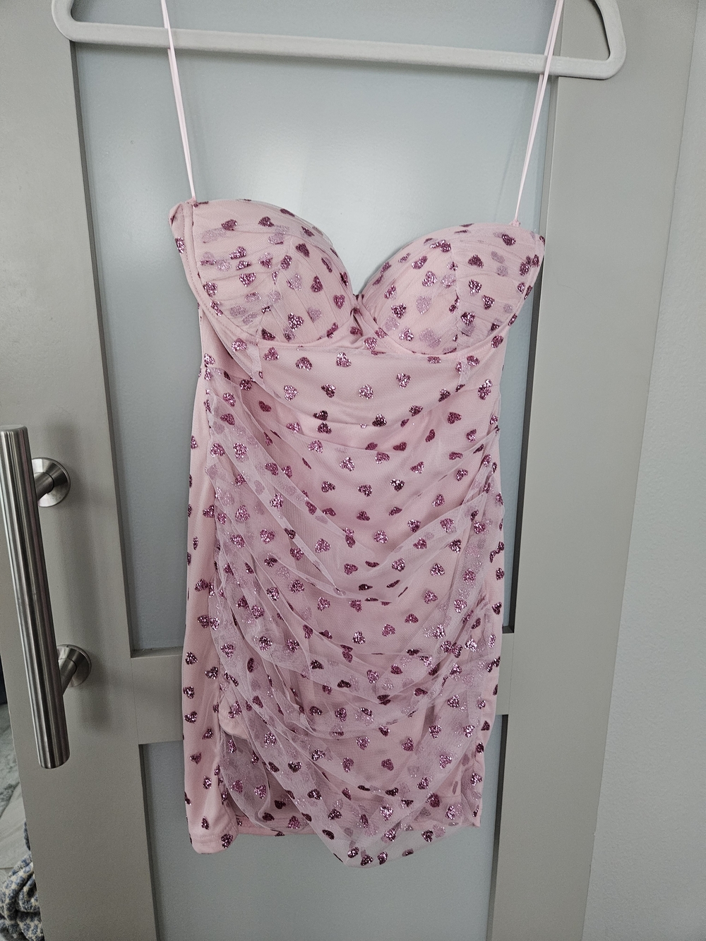 superdown Pink Sequin Heart Mesh Mini Dress with Sweetheart Bust